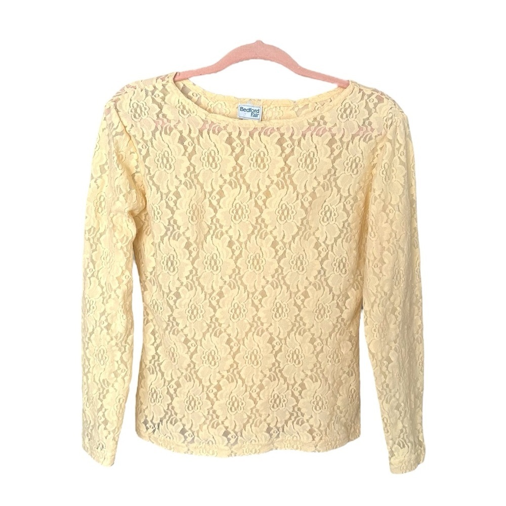 Vintage BEDFORD FAIR Sheer Pale Yellow Floral Lace  Top Feminine Coquette Medium